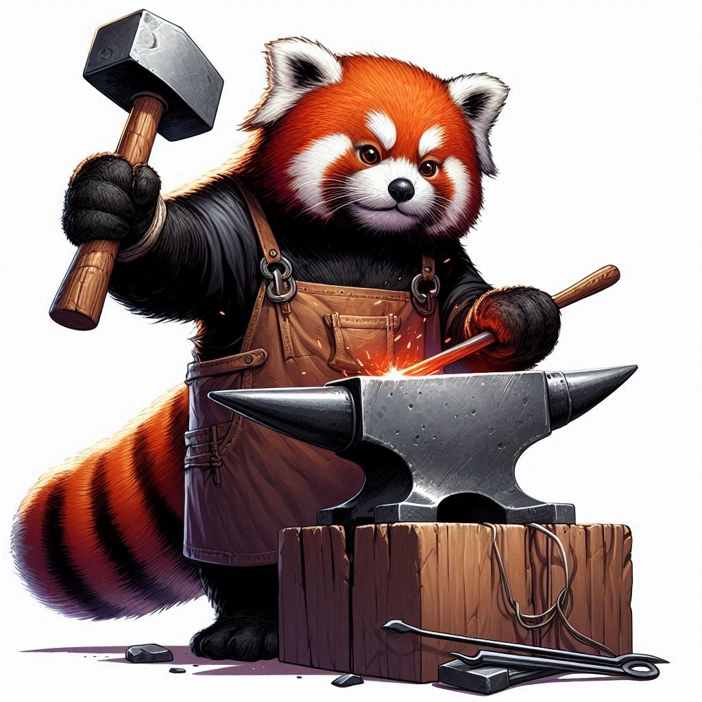 A Red Panda blacksmith working at the anvil.